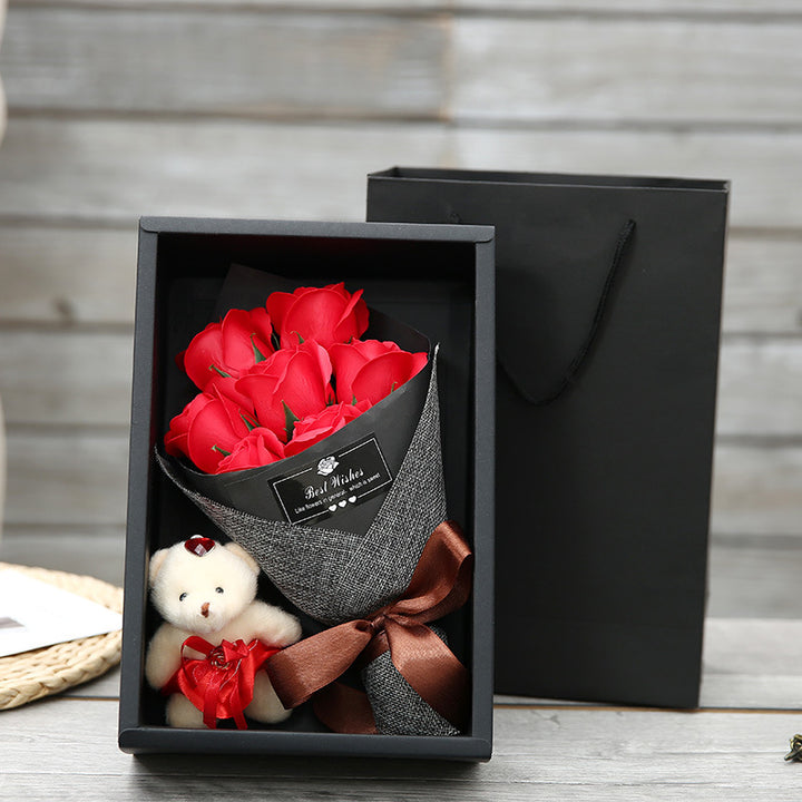 Box Creative Handmade Rose Flower 7 Rose Soap Bouquet Little Bear Valentine's Day Mother's Day Birthday Gift